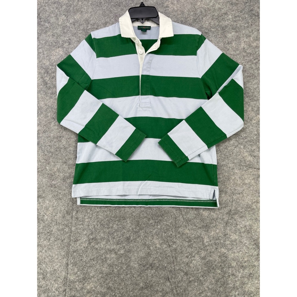 J.Crew Oarsman Rugby Shirt Men Medium Green white Striped Polo Preppy Cotton Ivy